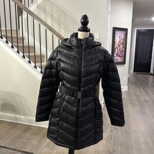 Calvin Klein Black Puffer Coat Womens M Sorona Aura 7F Warmth Factor Belt Hood